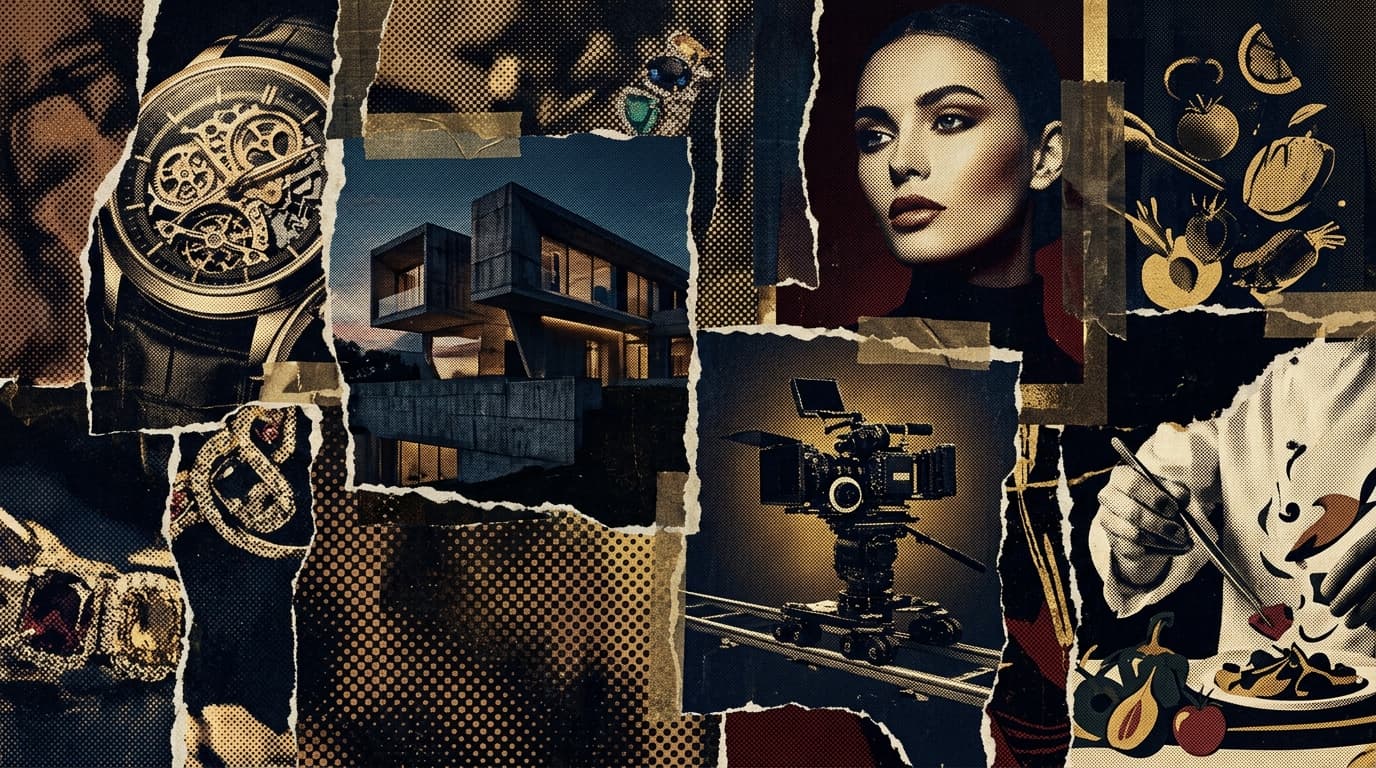 Pop Art Noir Collage — Studio Precision, Film Sets & Haute Watchmaking